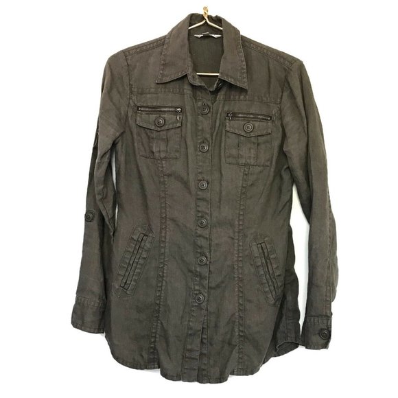 CAbi Shacket Utility Shirt Jacket S 100% Linen Brown Button Down Tab Sleeves - Picture 1 of 6